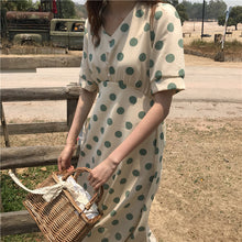 Load image into Gallery viewer, 2019 new retro wave printing high waist lace chiffon dress temperament V neck short sleeve slim dress