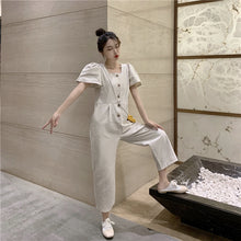 Load image into Gallery viewer, 2019 Korean women's new solid color simple Joker single-breasted square collar tooling short sleeve siamese wide leg pants 9213