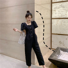 Load image into Gallery viewer, 2019 Korean women's new solid color simple Joker single-breasted square collar tooling short sleeve siamese wide leg pants 9213