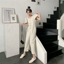 Load image into Gallery viewer, 2019 Korean women's new solid color simple Joker single-breasted square collar tooling short sleeve siamese wide leg pants 9213