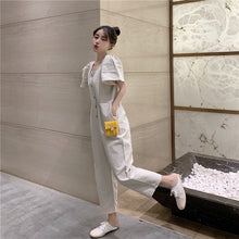 Load image into Gallery viewer, 2019 Korean women's new solid color simple Joker single-breasted square collar tooling short sleeve siamese wide leg pants 9213